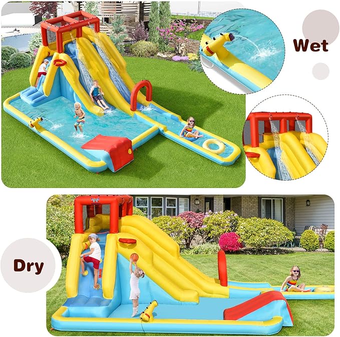 BOUNTECH Inflatable Water Slide, Dual Surfing Slides Kids Water Park Jump Bouncy Castle w/Swimming Rings, GFCI Blower, Large Splash Pool, Backyard Outdoor Blow up Water Slides Inflatables for Big Kids