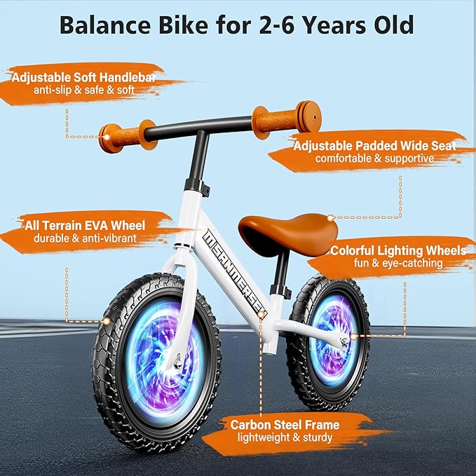 Colorful Lighting 12 Inch No Pedal Balance Bicycle Bike， for Kids,Age 24 Months to 5 Years Old， Lightweight Steady Balancing Bike with Adjustable Handlebar&Seat,Birthday Gift for 2 3 4 5 Year Old.