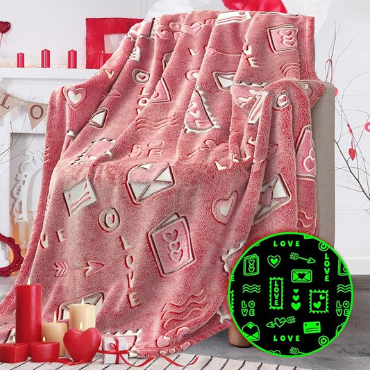 REXEO Heart Glow in The Dark Throw Blanket for Girls Women - I Love You Birthday Gifts for Wife Girlfriend Anniversary from Husband - Red Soft Cozy Blankets for Couch Bed Gifts for Mom 50"x60"