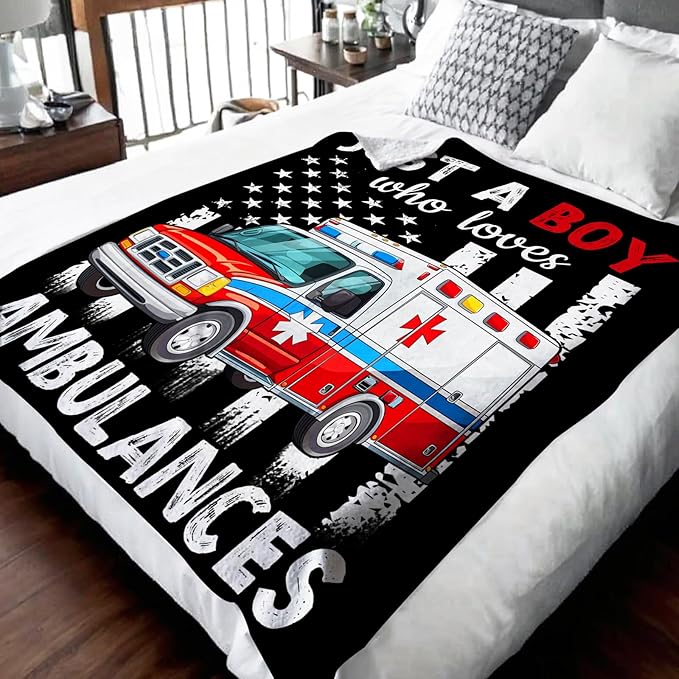 Boys Blanket Gifts, Ambulances Throw Blankets for Kids Teens, 40x50 Inches Cute Throws for Truck Lovers - Black Soft Fuzzy Car Blankets for Sofa Couch Bed
