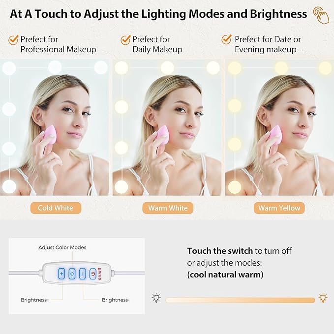 ANWBROAD Makeup Vanity Desk with Mirror & 10 LED Lights Big Vanity Set with Charging Station, Nightstand, Drawers, Storage Shelves, Stool, Bedroom Dressing Table for Women Girls White UBDT13W