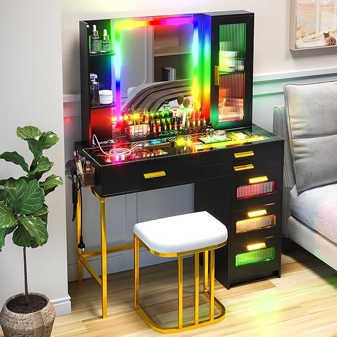 HENBC Vanity with Mirror and LED Lights, Glass Top Vanity Desk with Charging Station(Wireless+USB+Type-C), RGB Makeup Table Set with Stool/Makeup Organizer/6 Drawers (Black)