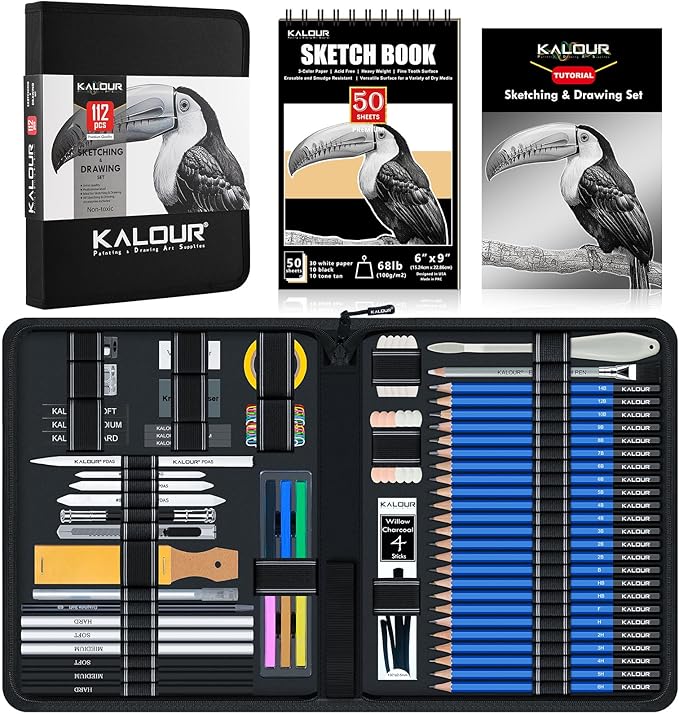 112 Drawing Set Sketch Kit, Pro Art Supplies with 3-Color Sketchbook, Graphite, Charcoal Pencils, Art Drawing Kit for Artists Adults Teens Beginners, Ideal for Shading & Blending