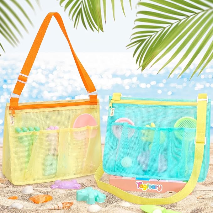 Tagitary Beach Toys Mesh Beach Bags for Kids with Zipper Collapsible Mesh Seashell Collecting Swim Pool Lake Sand Toy Storage, Boys and Girls Teens Summer Vacation Essentials