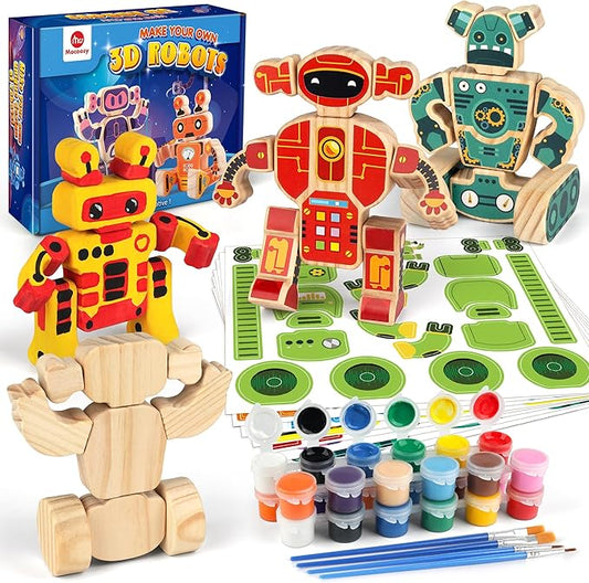 Mocoosy Wooden Robot Painting Art and Craft Kit for Kids Ages 3-5, Build & Decorate Your Own Robots with Paint & Stickers, Wood Robot STEM Game Montessoi Toys Educational Gift for Boys Girls