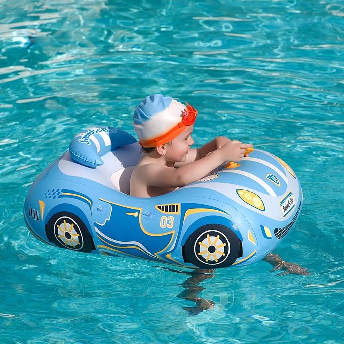 Swimbobo Toddler Pool Float Inflatable Car Baby Swim Float with Adjustable Sun Canopy and Safety Seat Pool Toys for Kids 3+ Years Old