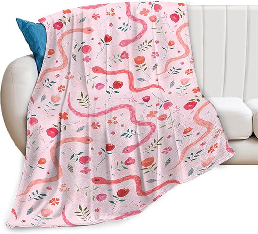 Cute Snake Reptile Blanket Ultra Soft Cozy Pink Flower Snake Throw Blanket Fleece Fuzzy Plush Bedding Blanket Real Snake Lovers Gifts for Women Girls Kids Adults Couch Sofa 50"x40"