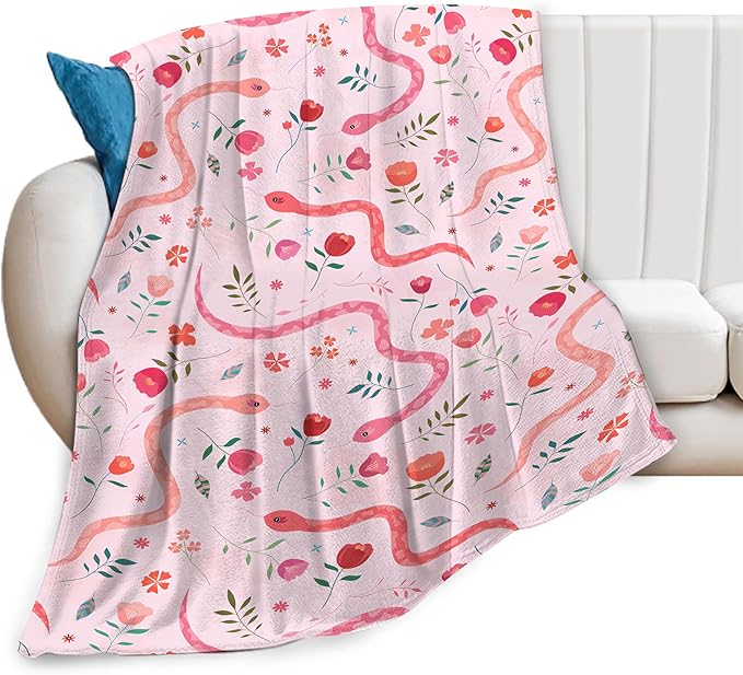 Cute Snake Reptile Blanket Ultra Soft Cozy Pink Flower Snake Throw Blanket Fleece Fuzzy Plush Bedding Blanket Real Snake Lovers Gifts for Women Girls Kids Adults Couch Sofa 80"x60"