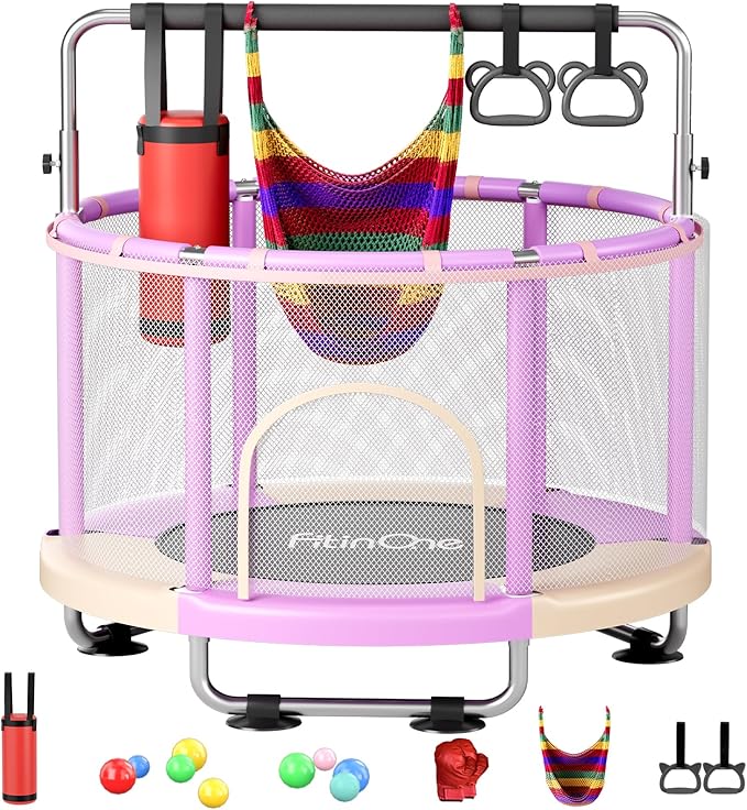 55" Toddler Mini Trampoline for Kids, Indoor Outdoor Toys with Swing, 440lbs Baby Kids Trampoline, Gymnastics Bar, Birthday Gifts for Boy Girl Age 1-8