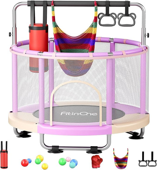 55" Toddler Mini Trampoline for Kids, Indoor Outdoor Toys with Swing, 440lbs Baby Kids Trampoline, Gymnastics Bar, Birthday Gifts for Boy Girl Age 1-8