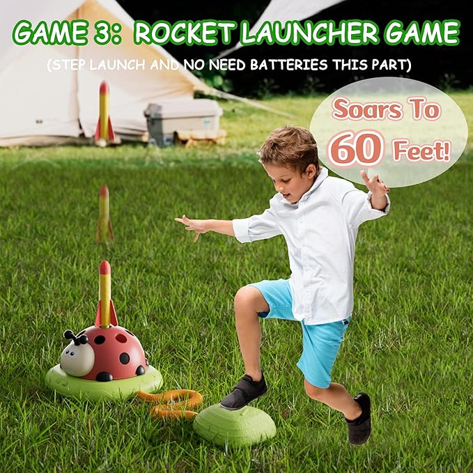 Powza 5 in 1 Musical Jump Toys, Toss Ring Game Stomping Launch Rocket Launcher for Kids, Obstacle Avoidance & Jump Squating Toy Games Remote Control Outdoor & Indoor Toys for Ages 4-8 8-13