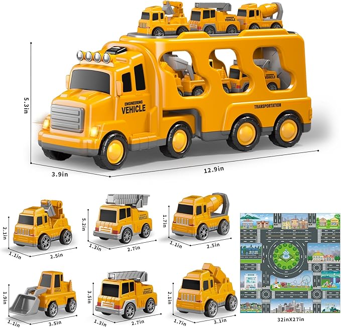 8 in 1 Construction Trucks Cars Toys for Toddlers 3-5, Boy Toddler Car Truck Toys with Playmat and Light Sound, Birthday Gifts for 3 4 5 6 Year Old Boy