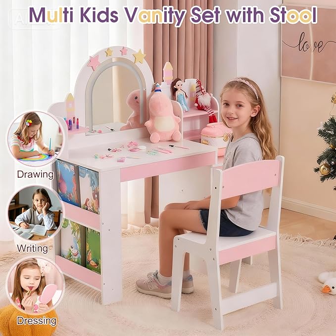 Kids Vanity Table and Chair Set with Lights, Toddler Makeup Vanity Desk with Open Bookshelf, Girls Vanity with Removable Drawers, Storage Shelves,Castle Star Pattern for Princess, White