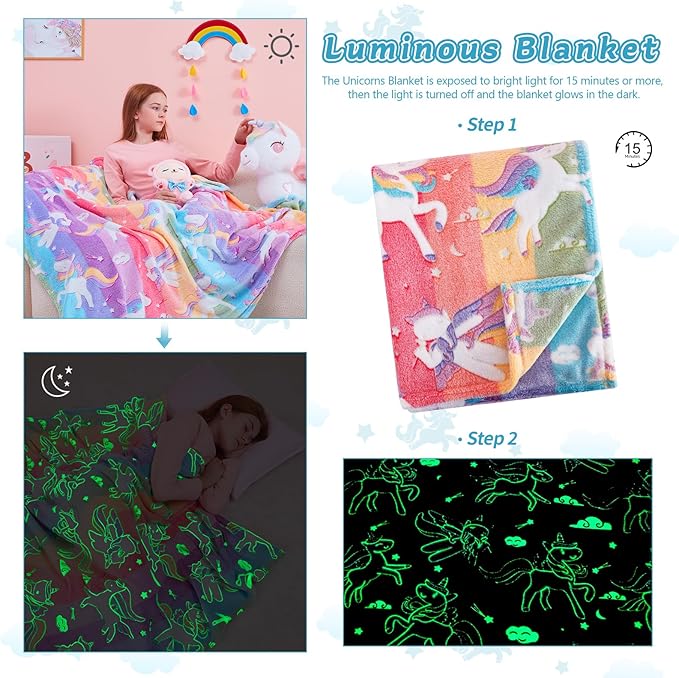 QSTEHEML Unicorns Glow in The Dark Blanket for Girls,Unicorn Gifts for Girls Age 3 4 5 6 7 8 9 10 11 12 Year Old, Soft Unicorns Rainbow Blanket - Christmas Birthday Bedroom Decor 50"×60"