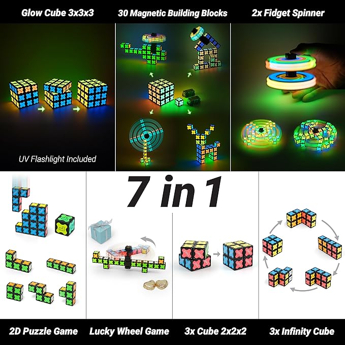 TOSY Magnet Cube 3x3 - 30 Blocks, 240 Magnets, Multipurpose: Creative Building Blocks, Transformable Fidget Spinner, Puzzle/Infinity Cube, Christmas Stocking Stuffers Gift for Kids, Glowing STEM Toy