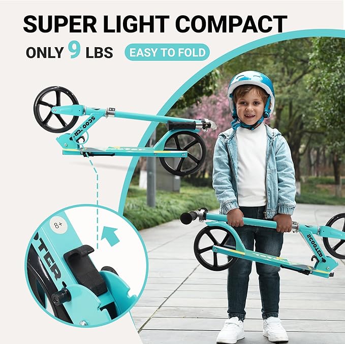 Kick Scooter for Ages 6+, Kids, Teens & Adults. Max Load 240 LBS. 8IN Big Wheels for Kids, Teens & Adults, 3 Adjustable Levels