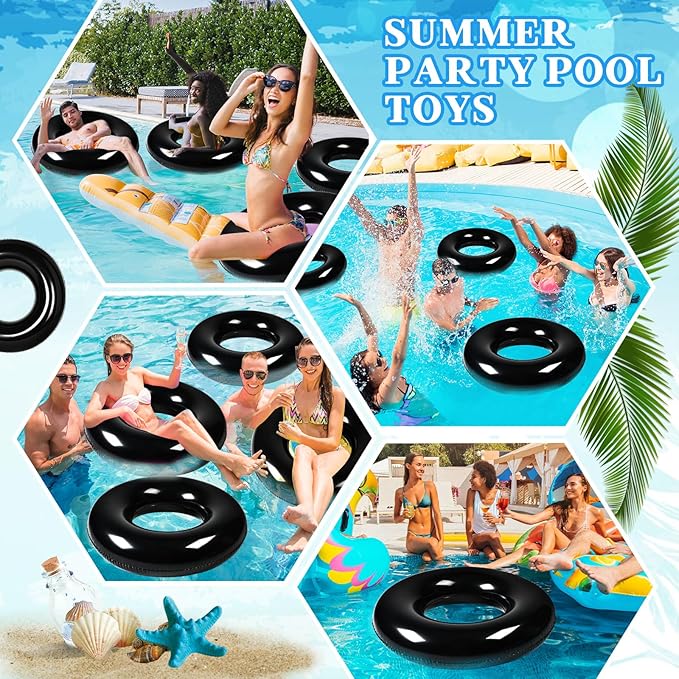 6 Pcs Inflatable Pool Floats 28 Inches Swim Tube Bulk for Adults Swimming Ring Pool Floaties for Beach Party Decorations Women and Men River Lake Summer Vacation Holiday (Black)