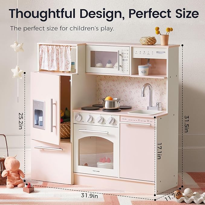 Tiny Land Play Kitchen for Kids, Upgraded Wooden Kitchen Toy with Complete Play Areas, Pretend Cooking Set with Sink, Stove, Microwave, Toy Coffee Station & Storage for Kids Ages 3+