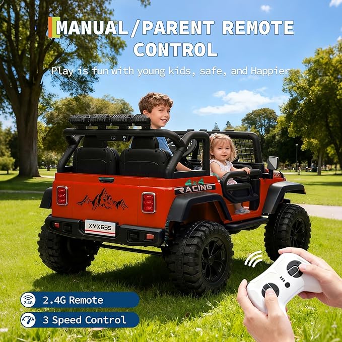 24V Ride on Car for Kids, 2 Seater Electric Truck with Parent Remote Control, Spring Suspension, 2 Speeds, LED Headlight & Music Player, Kids Electric Vehicle for Aged 3-8 Years, Red