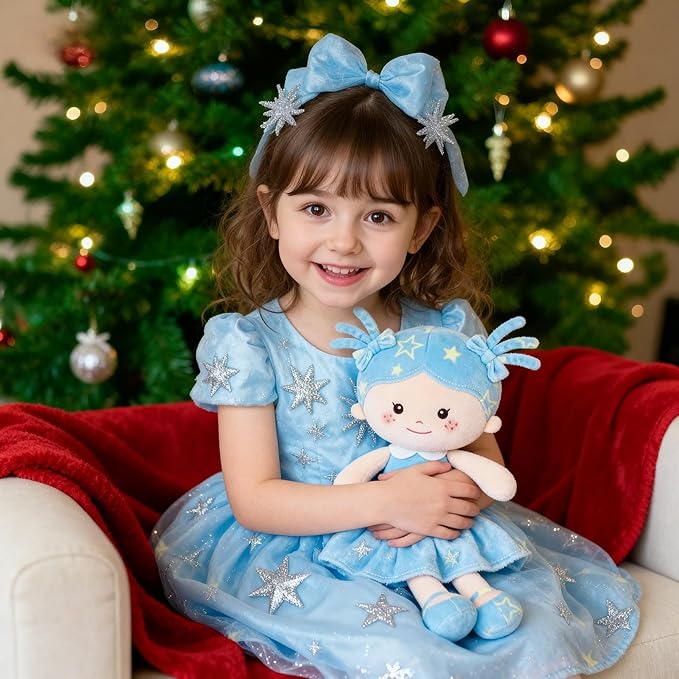 Onetoo First Baby Doll Plush Rag Doll Baby Girls Dolls Soft Baby Doll for Girls Wear Star Blue Sleeveless Dress 14"