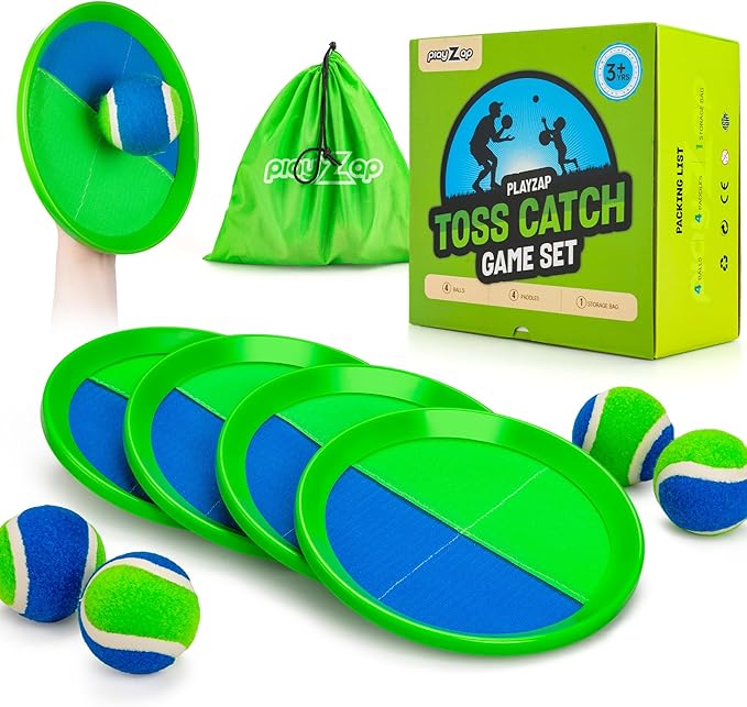 PlayZap Toss and Catch Ball Set Ultra Sturdy ABS - Family Games Christmas Stocking Stuffers Gift for Toddlers Kids Teens Boys Girls 3-5 5-8 8-13+ Yrs - Baseball Toys for Beach Pool Yard Outdoor 4 Pack