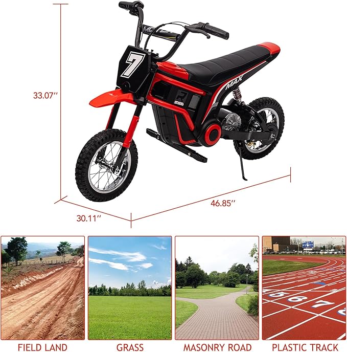 GarveeHome 350w Electric Dirt Bike for Kids Ages 3-10, 24v Motorcycle Up to 14.29MPH, 3-Speed Modes & Metal Suspension, Max 135 Lbs with LED Lights & Music, Off-Road Motorcycle for Boys Girls, Red