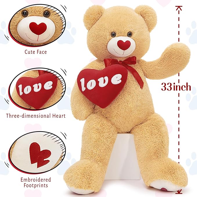 MorisMos 33inch Love Heart Red Giant Teddy Bear, I Love You Stuffed Animal Soft Large Bear Plush Gift Girlfriend Boyfriend