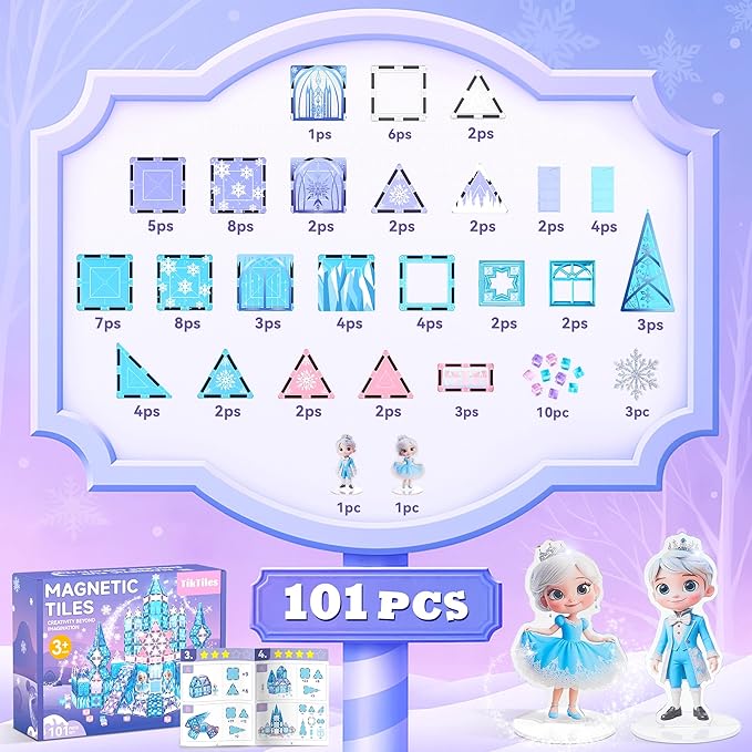 Magnetic Tiles Building Toys Set with 2 Dolls, Princess Castle Magnetic Blocks for Kids Ages 3-5 4-8, STEM Educational Sensory Magnet Toys Birthday Gifts for Toddlers Girls Boys
