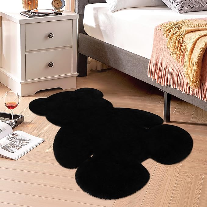 3x3.9ft Black Small Bear Shaggy Rug, Soft Fluffy Faux Sheepskin Fur Rug Fuzzy Shag Area Rug Cute Plush Carpet for Nursery Kids Girls Bedroom Room Aesthetic Living Room Floor Home Decor, Black