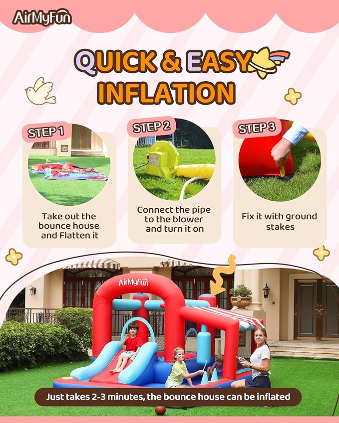 AirMyFun Inflatable Water Slide Bounce House with Long Curved Slide for Kids with Blower, Family Backyard Bouncy Castle with Fun Doorway Tunnel, Climbing Wall and Ball Shooting (Classics)