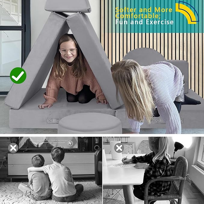 MeMoreCool Kids Modular Play Couch – Compact Foam Explorer Sofa for Toddlers, Grey | Fold-Out Fort Building Blocks, Washable Covers, Ideal for Small Spaces & Playrooms