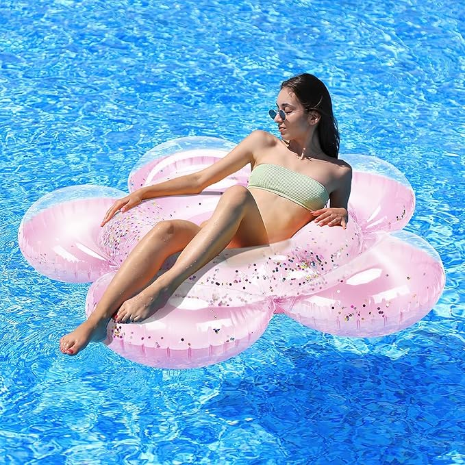 HeySplash Pool Floats for Adults, Large Floats Inflatable Floatie Loungers with Glitter, Swim Tube River Lake Wedding Bride Engagement Party Decor Toy Raft, Flower Bachelorette Fun Decor, Light Pink