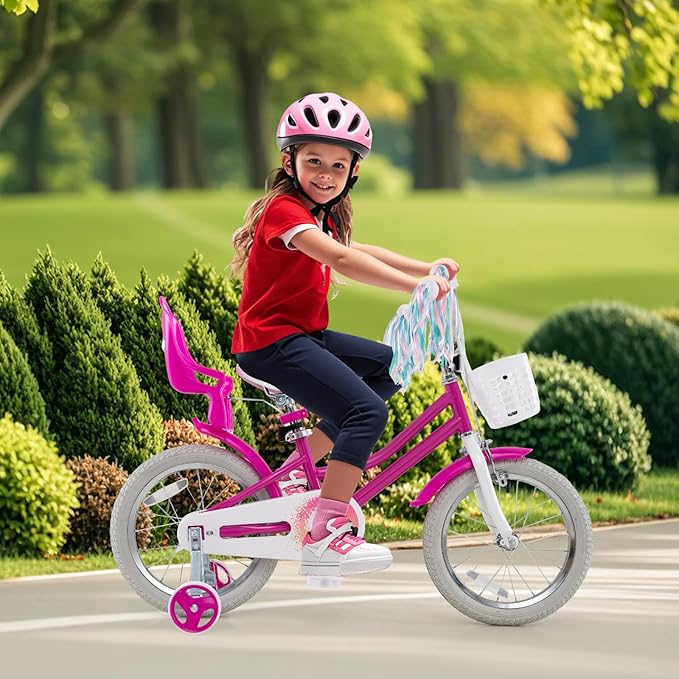 BABY JOY Kids Bike, 12 14 16 18 Inch Children Bicycle w/Detachable Training Wheels, Storage Basket, Adjustable Seat & Handlebar, Bow or Streamer, Girls Bike for 3-8 Years Old