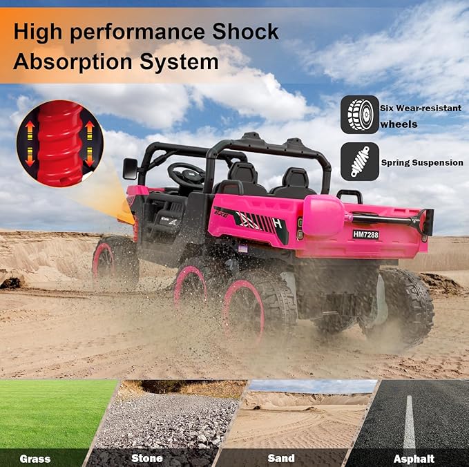 24V UTV 2 Seater Dump Truck with Remote Control, Electric Dump Bed, 4WD Power Ride on Truck Cars 6x6 Wheels, Music, Storage Trunk, Shovel for Kids-Pink