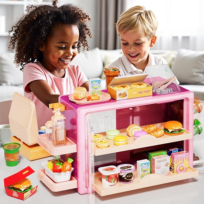 Kids Grocery Store Playset, Pretend Play Store with Kids Cash Register Scanner, Play Coffee Maker, Toy Foods,Play Money, Luxury Supermarket Toy Set, Preschool Toys for Kid Girls Gifts