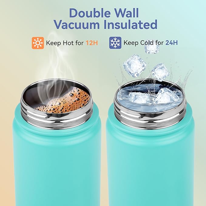 HASLE OUTFITTERS Insulated Water Bottle Kids 16 oz Double Wall Vacuum Stainless Steel Water Bottle Leak Proof for School Wide Mouth with Straw Lid & Spout Lid Keeps Cold and Hot(Mint Green,1pack)