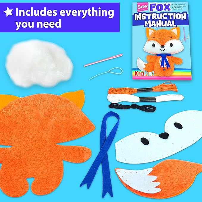 KRAFUN Fox Animal Sewing Kit for Kids Beginner My First Art & Craft, Includes Fox Doll Stuffed Animal, Instructions & Plush Felt Materials for Learn to Sew, Embroidery, Age 7 8 9 10 11 12