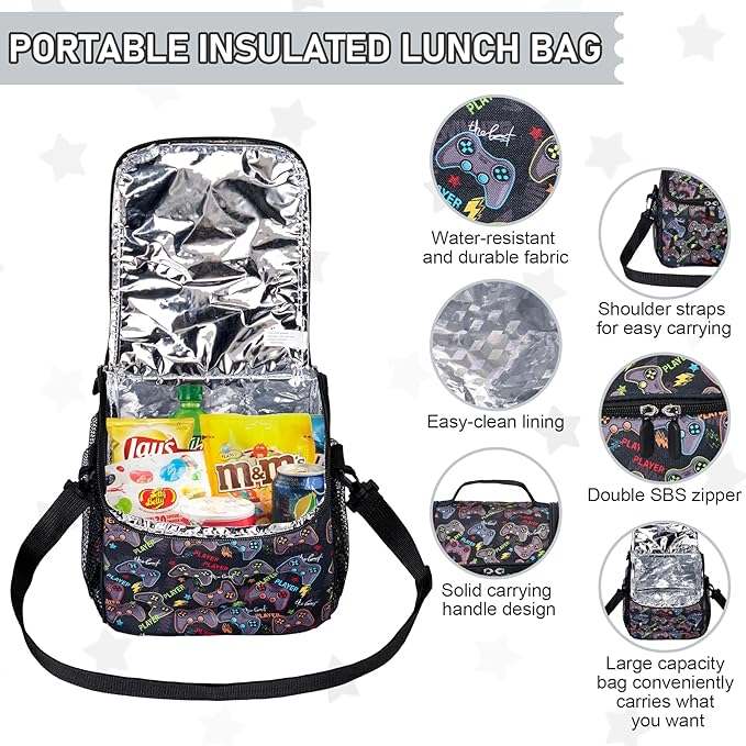 Bento Lunch Box for Kids with 17oz Soup Thermo,Insulated Tumbler Water Bottle and Insulated Lunch Bag,Leak-Proof 3 Compartment Lunch Food Container with Ice Pack for Kids to School-Game Console