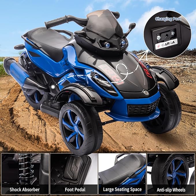 Xinyonxin 12V Kids Electric ATV, 3-Wheeler Motorcycle Ride on Toys for Toddlers w/Music, LED Lights, USB, One-Button Start, Forward/Reverse, Electric All-Terrain Car, Gift for Age 3+ (Blue)