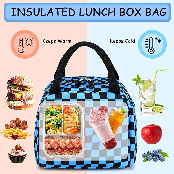 Lunch Box Kids Insulated Lunch Bag Large Reusable Leakproof Cooler Lunch Bags for Boys Girls School Travel Picnic (Blue Check)