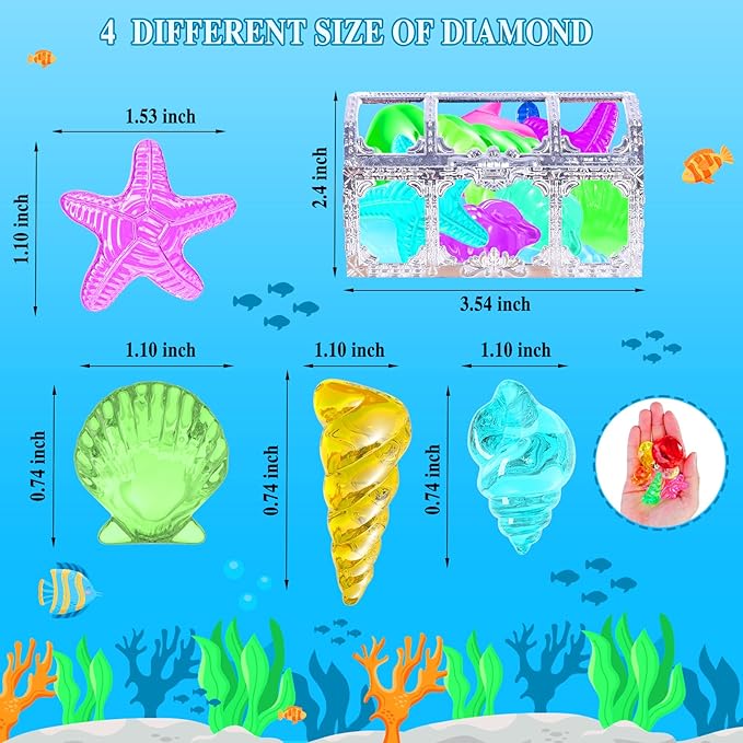 MGparty 24pcs Diving Gem Pool Toys Colorful Diamonds Set with Pirate Treasure Chest Summer Toy Underwater Swimming Toys for Boys and Girls Pool Games Water Toys