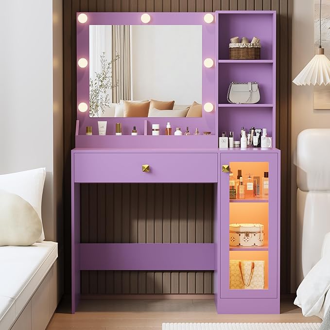 Makeup Vanity with Mirror and Lights & Power Outlet, 34'' Small Vanity Desk with Drawers and Storage Cabinet & Makeup Tray, Dressing Table for Girls Bedroom Dressing Room, Purple
