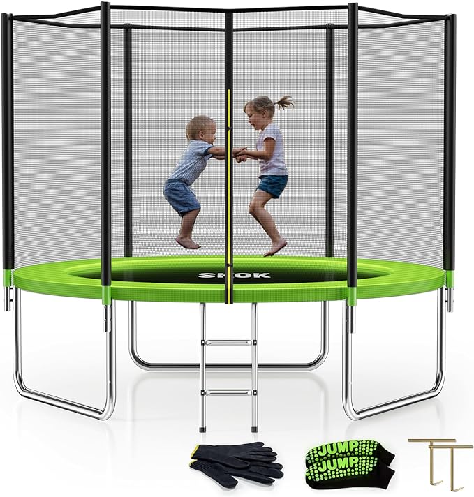 SKOK Trampoline 8FT 10FT 12FT 14FT 15FT Trampolines with Enclosure Net, 400LBS Outdoor Trampolines for Kids with Basketball Hoop-ASTM Approved Trampoline for Children and Adults with Ladder