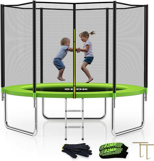 SKOK Trampoline 8FT 10FT 12FT 14FT 15FT Trampolines with Enclosure Net, 400LBS Outdoor Trampolines for Kids with Basketball Hoop-ASTM Approved Trampoline for Children and Adults with Ladder
