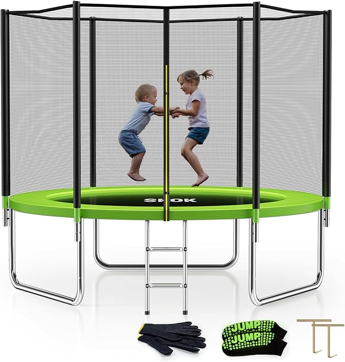 SKOK Trampoline 8FT 10FT 12FT 14FT 15FT Trampolines with Enclosure Net, 400LBS Outdoor Trampolines for Kids with Basketball Hoop-ASTM Approved Trampoline for Children and Adults with Ladder