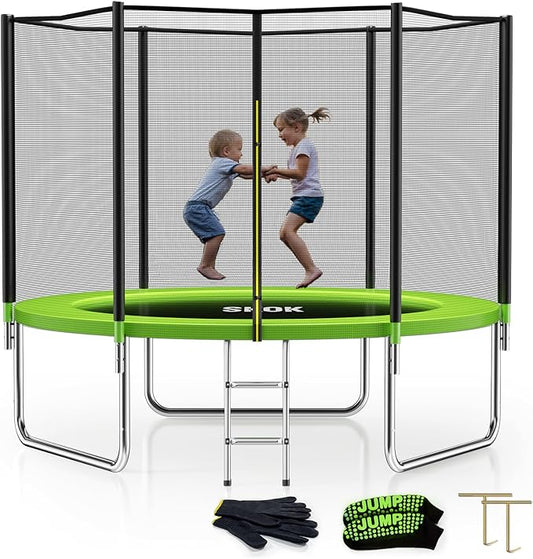 SKOK Trampoline 8FT 10FT 12FT 14FT 15FT Trampolines with Enclosure Net, 400LBS Outdoor Trampolines for Kids with Basketball Hoop-ASTM Approved Trampoline for Children and Adults with Ladder