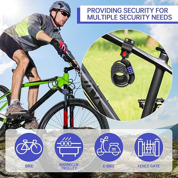 Light Bike Lock Cable,Anti Theft Cable Lock,4 Digit Security Resettable Bike Combination Lock, for E-Scooter, Electric Bike, Mountain Bike,Bicycle, Motorbikes（Blue）