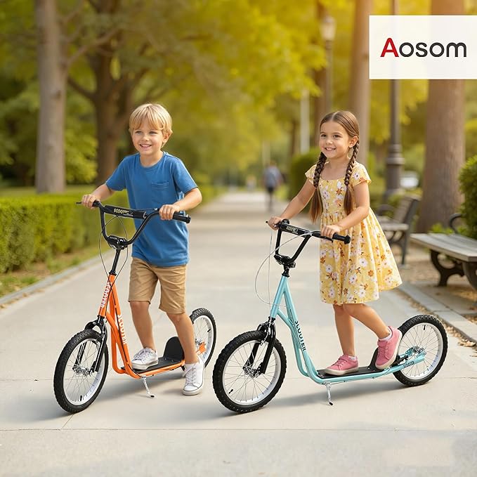 Aosom Youth Scooter Kick Scooter for Kids 5+, Max Load 220 LBS., with Adjustable Handlebar, 16" Inflatable Wheels, Dual Brakes