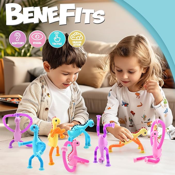 8Pcs Telescopic Suction Cup Dinosaur Toys,Sensory Toys for Kids 3-5 5-7,Toddler Toy,Fidget Toy,Toddler Travel Essential for Airplane,Pop Tubes, Christmas Stocking for Kids Boys Girls B