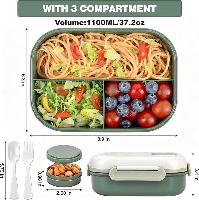 Lunch Box for Women & Adults - Kid-Friendly 37.2oz 3-Compartment Bento Box with Thick Insulated Lunch Bag, Leak-Proof with Sauce Container, Built-in Utensil Set, Dishwasher Safe (Green)